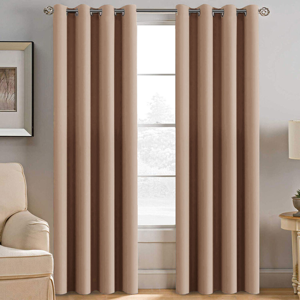 (Beige, 66" Width X 90" Drop - 168cm Width X 228cm drop.) Thermal Blackout Plain Eyelet Ring Top Curtains