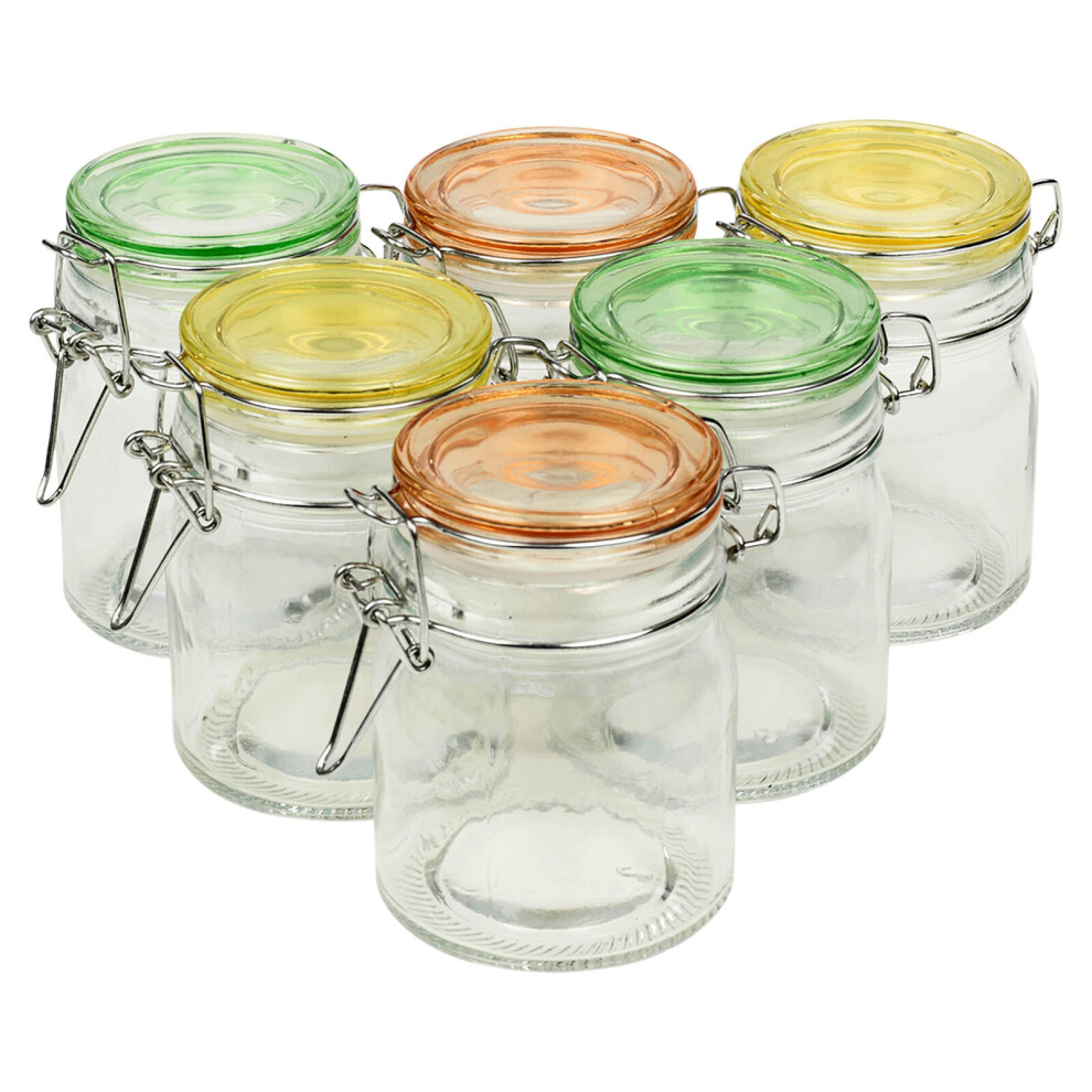 6 Pcs 145ml Airtight Glass Storage Jars Coloured Clip Lids