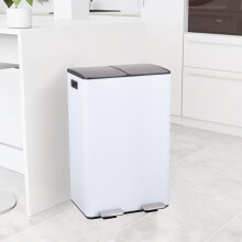 (60L White) 60L Recycling Bin 2 x 30L Compartment Waste Recycling Bin For Home Kitchen Steel