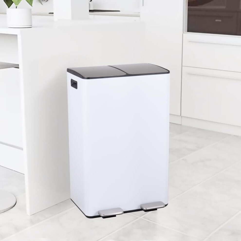 (60L White) 60L Recycling Bin 2 x 30L Compartment Waste Recycling Bin For Home Kitchen Steel