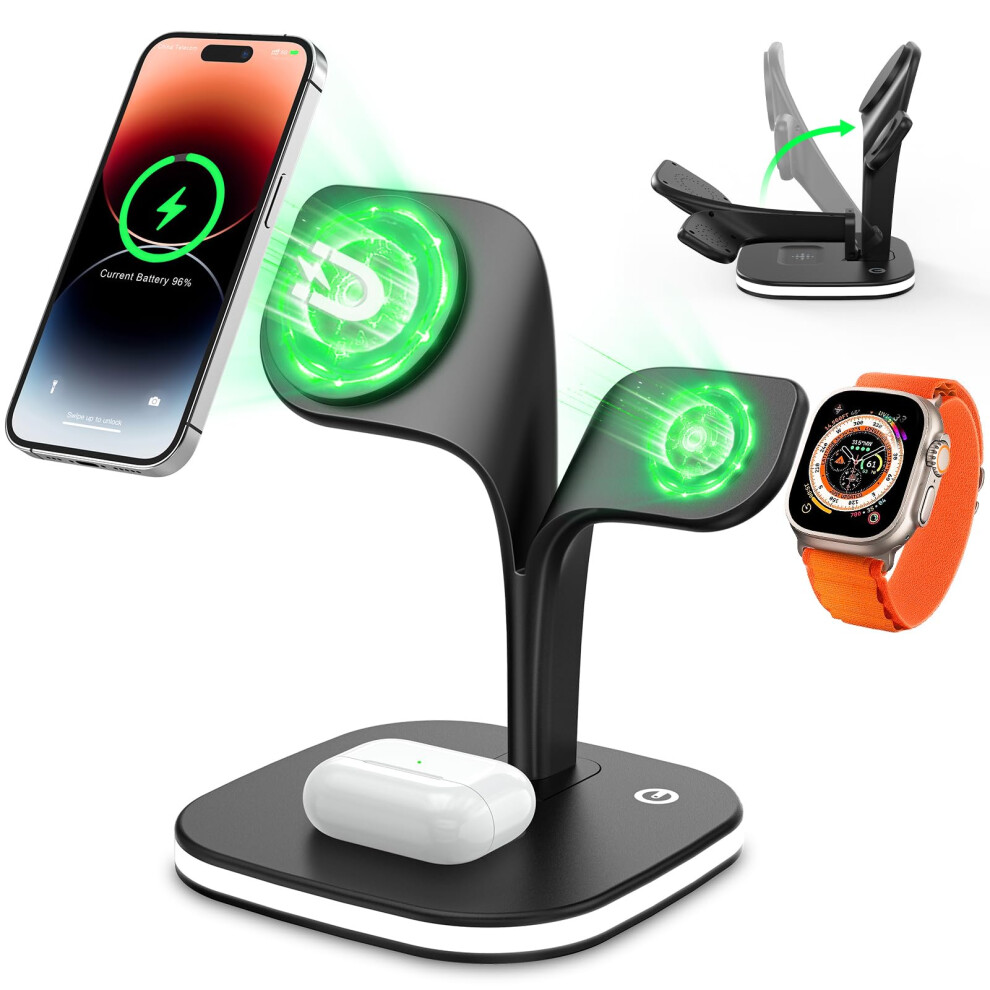 Chronus Wireless Charging Station For Magsafe Charger, 3 In1 Magnetic Foldable Wireless Charger Stand For Iphone15/14/13/12 Series, Iwatch, Airpods 6976919926622