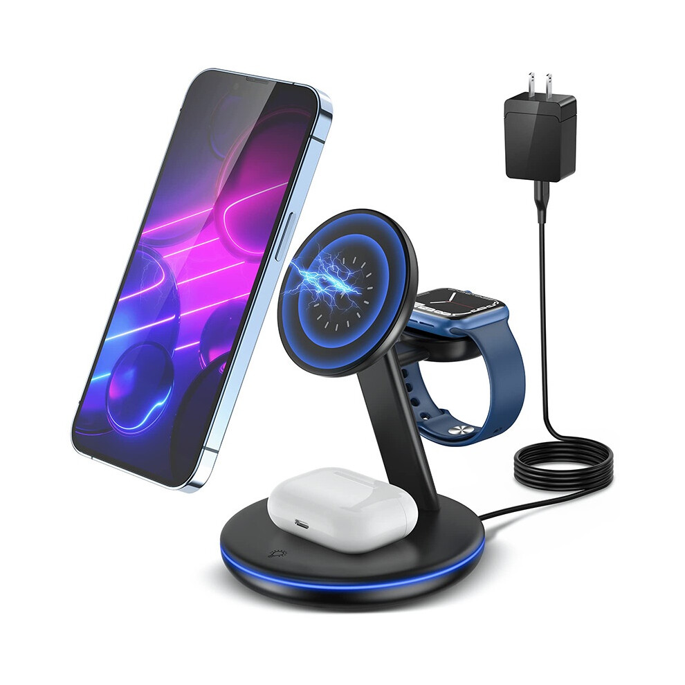 Chronus Magnetic Wireless Charging Station For Apple Series, 3-In-1 15W Fast Mag-Safe Charger Stand With Qc3.0 Adapter, For Iphone 15, 14,13,12 Pro 6976919926585