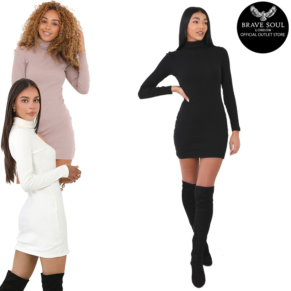 (Cream, Kianna, L) Women Brave Soul Roll Neck Long-Sleeve Ribbed Dress