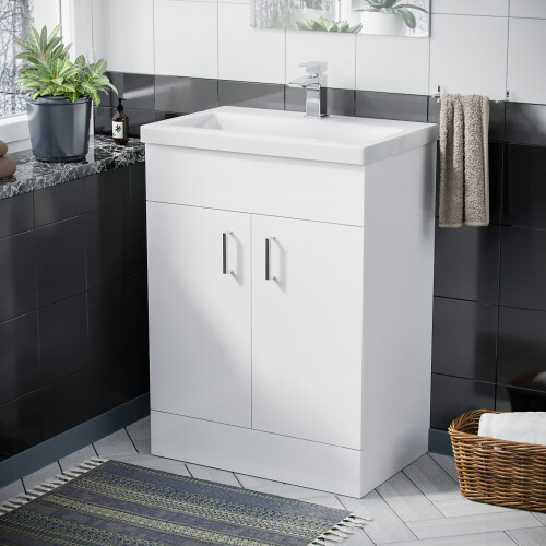 NES Home Nanuya 600mm Freestanding White Ceramic Basin Sink Vanity MDF Unit
