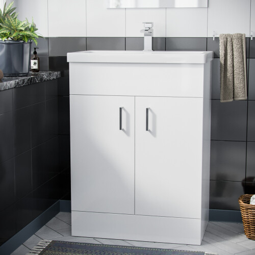 NES Home Nanuya 600mm Freestanding White Ceramic Basin Sink Vanity MDF Unit 1