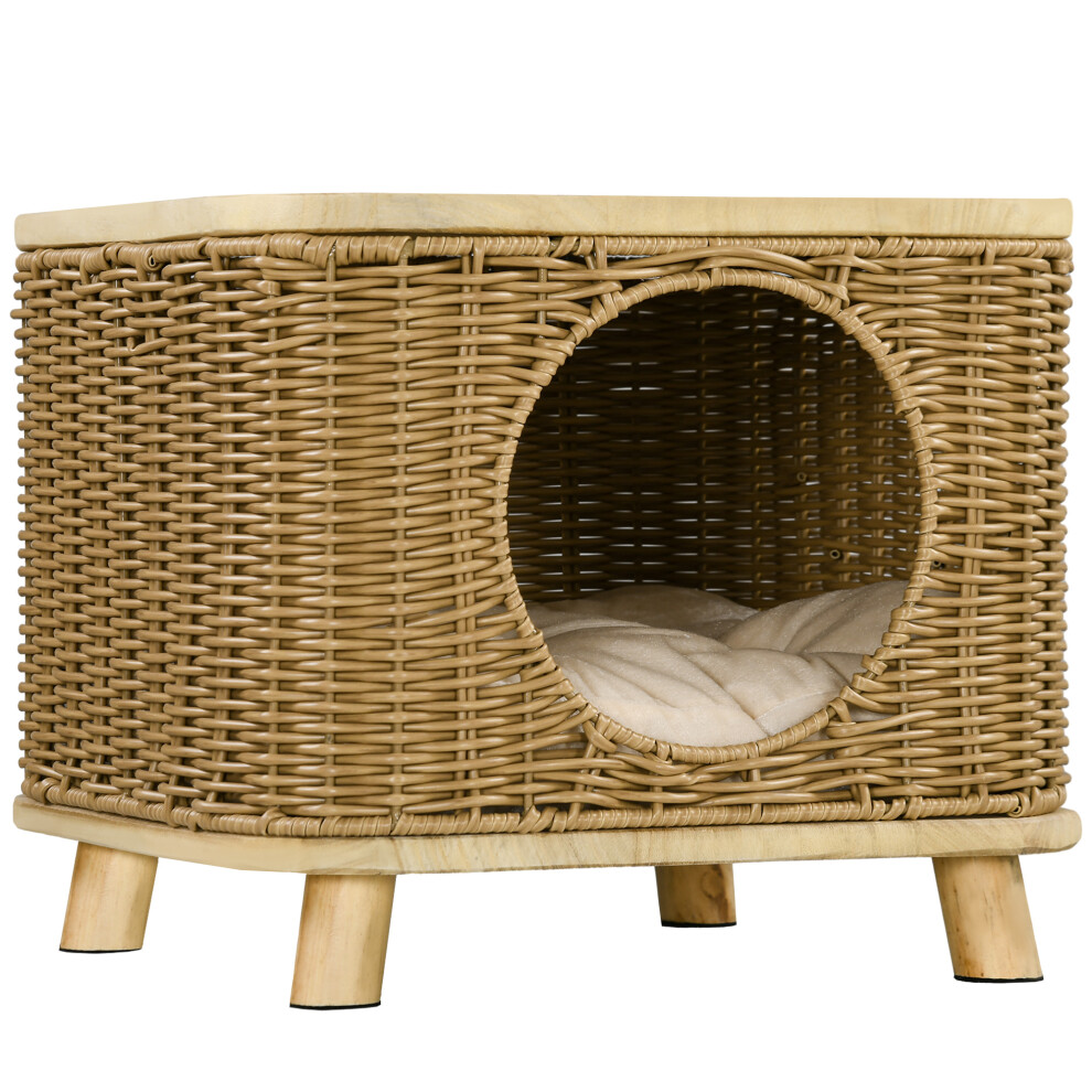 Elevated Design Wicker Cat House With Washable Cushion, Light Brown