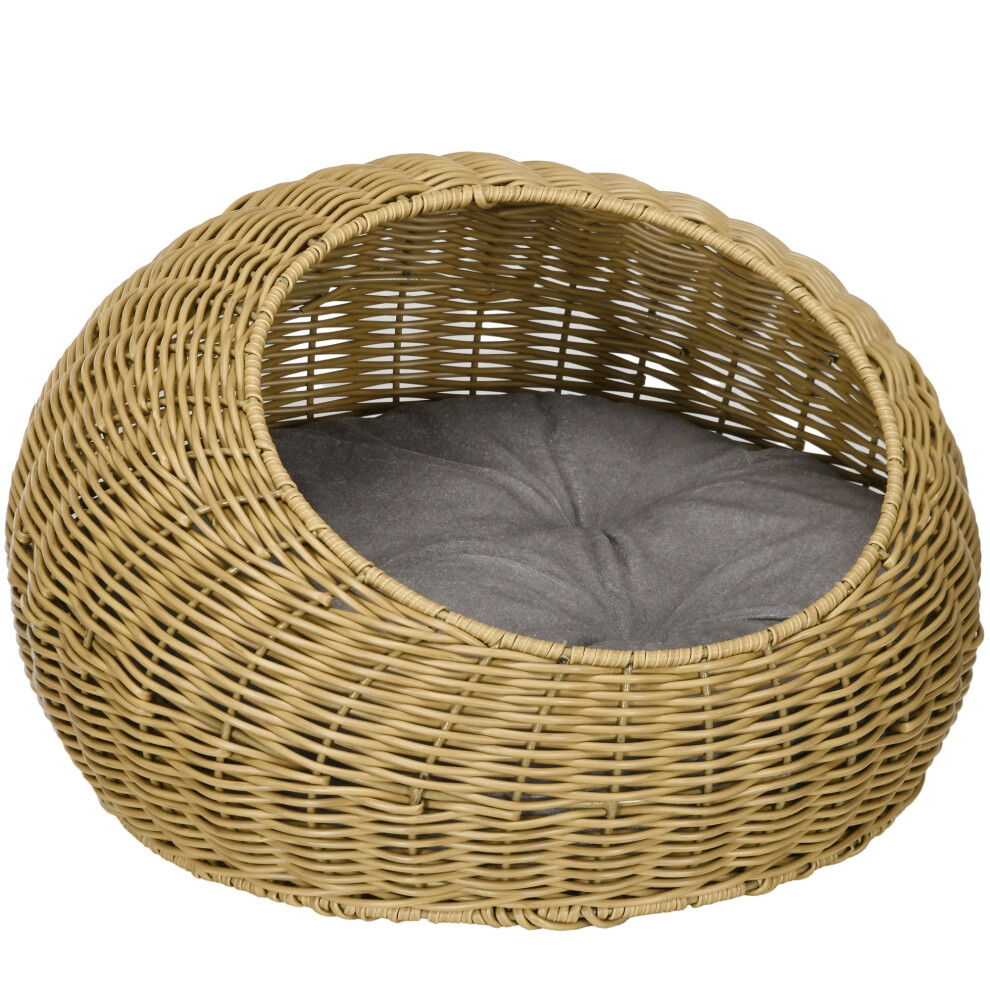 Wicker Cat House With Washable Cushion For Indoor Cats, Light Brown