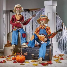 (2PCS) Halloween Luminous Skull Guitar Decoration Halloween Animated Banjo Skeletons Skull Guitar Ornaments Halloween Decoration Props interior Decoration