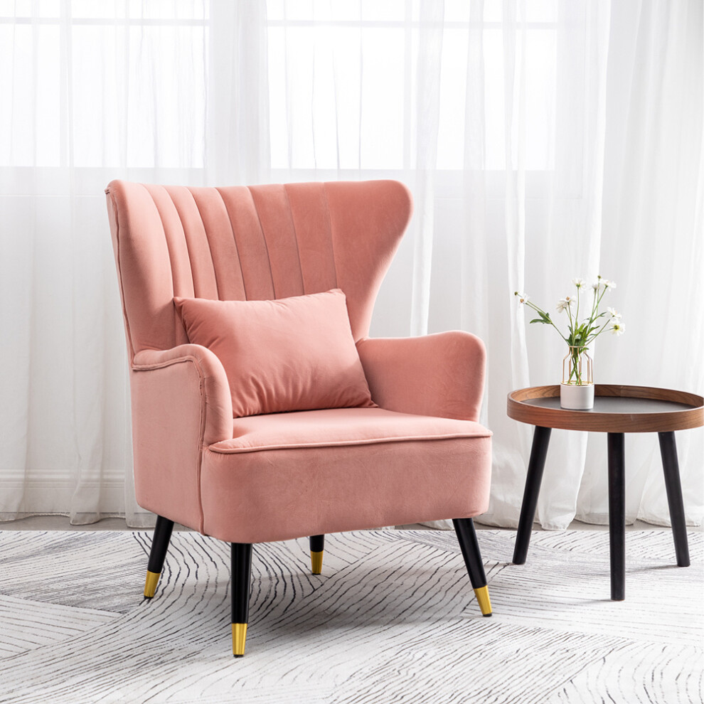 (Pink) Modern Velvet Accent Armchair Wing Backed Tub Chair with Lumbar Pillow