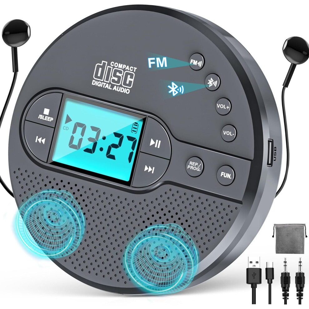 2000Mah Rechargeable Discman Cd Player:walkman Cd Player With Bluetooth Fm Transmitter,Headphones,Lcd Screen,Aux,Built-In Speaker,Usb-Portable 6953516924695