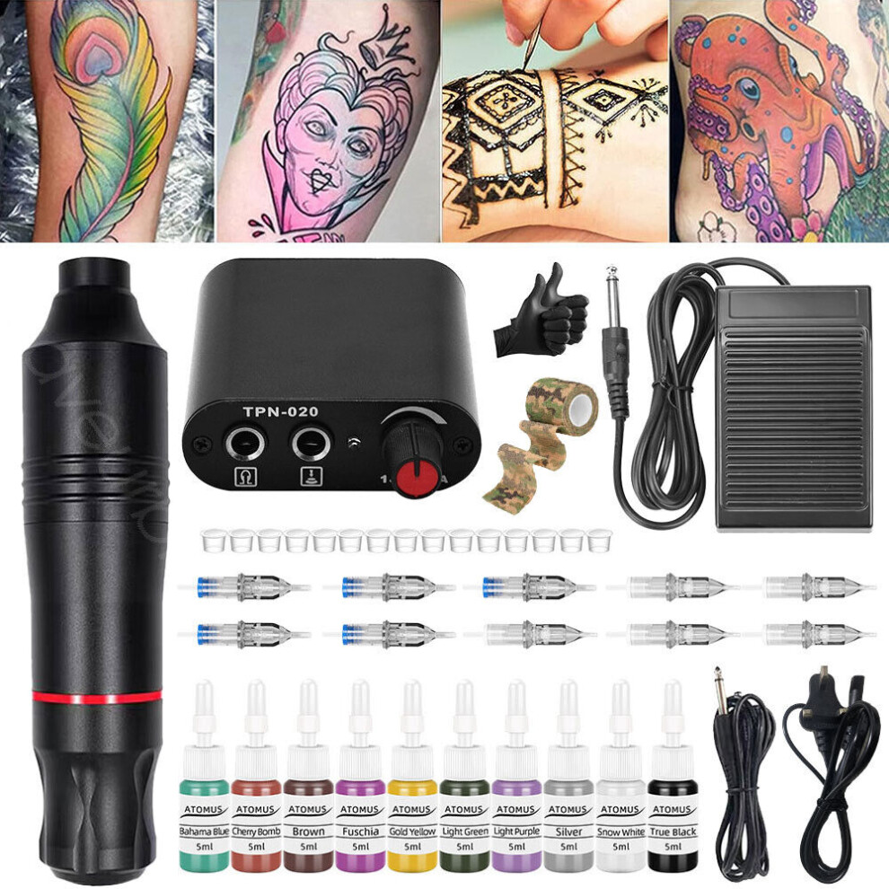42 Pcs Tattoo Machine Kit Motor Pen Tattoo Gun w/Color Inks Needles