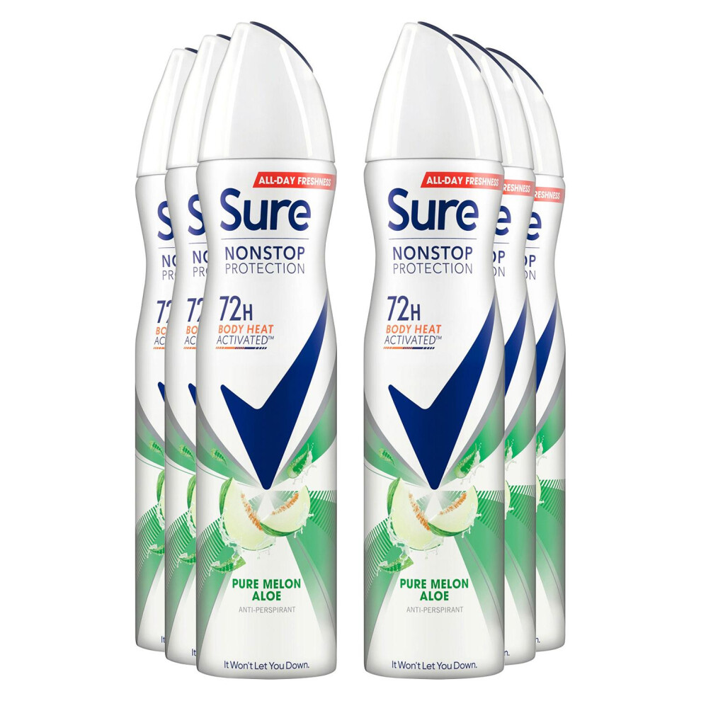 Sure Women's Pure Melon Aloe 72H Nonstop Protection Antiperspirant Aerosol, 6X250ml (62719294)