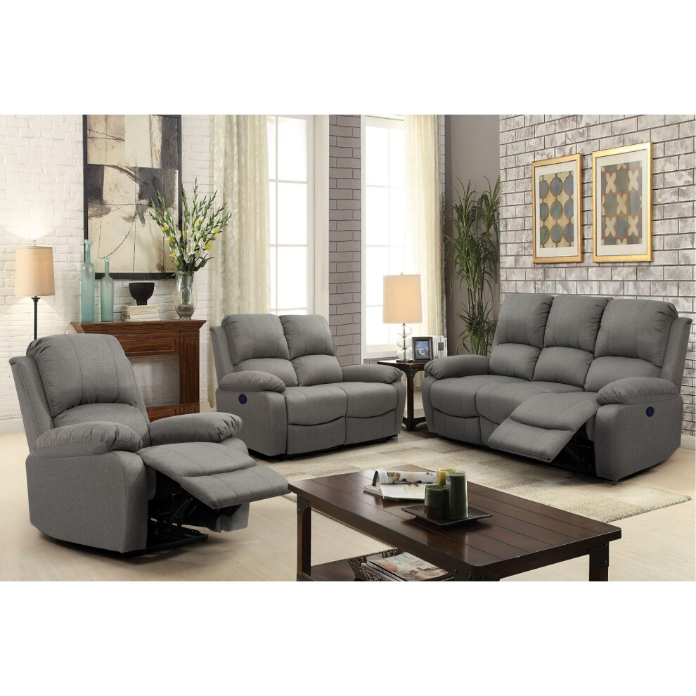 (Light Grey, Full Suite- 3 Seater Sofa, 2 Seater Sofa And Chair) Fabric Electric Recliner Sofa Suite 3 Seater 2 Seater Sofa Chair Light Or Dark Grey