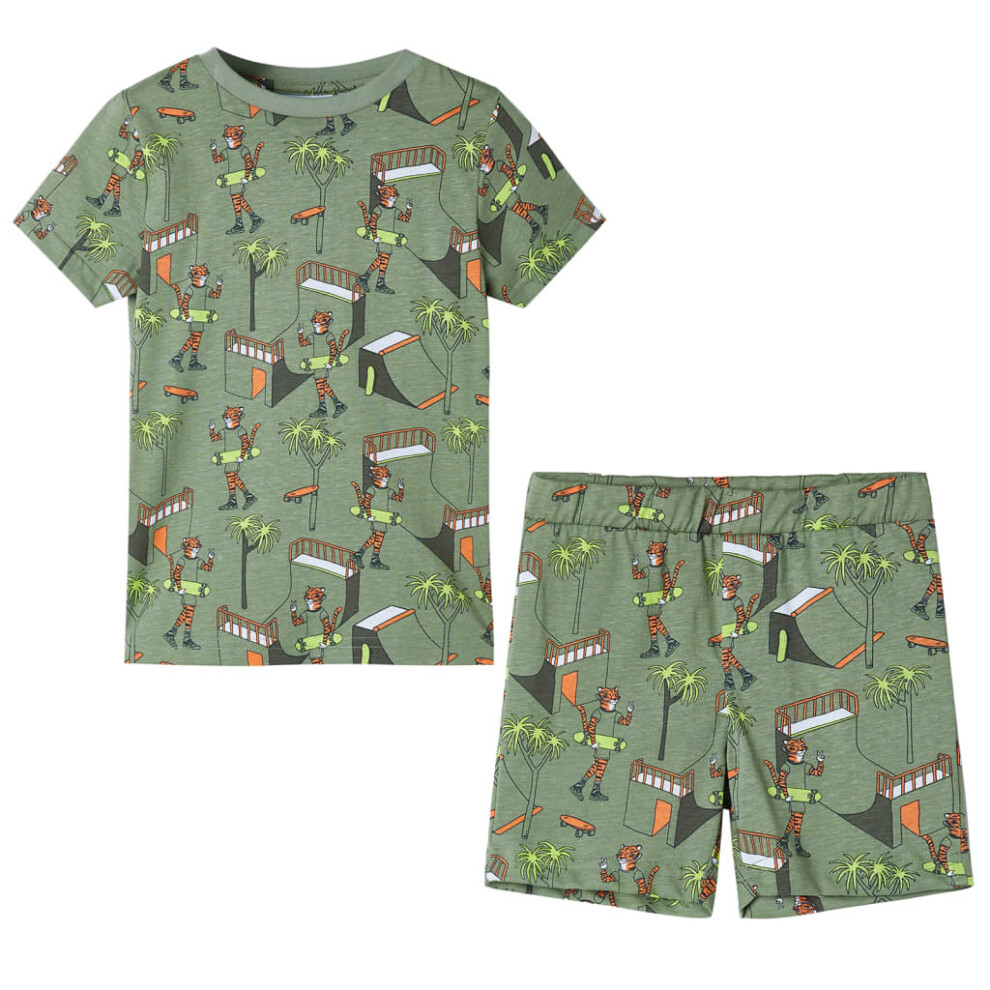 (116 (5-6y)) Kids' Pyjamas with Short Sleeves Sleepwear Tiger and Tree Print Light Khaki