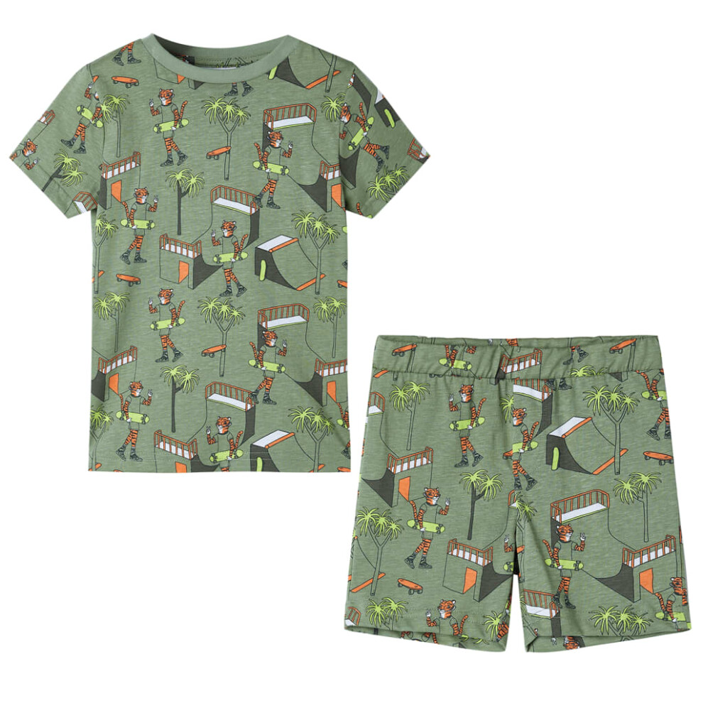 (140 (9-10y)) Kids' Pyjamas with Short Sleeves Sleepwear Tiger and Tree Print Light Khaki