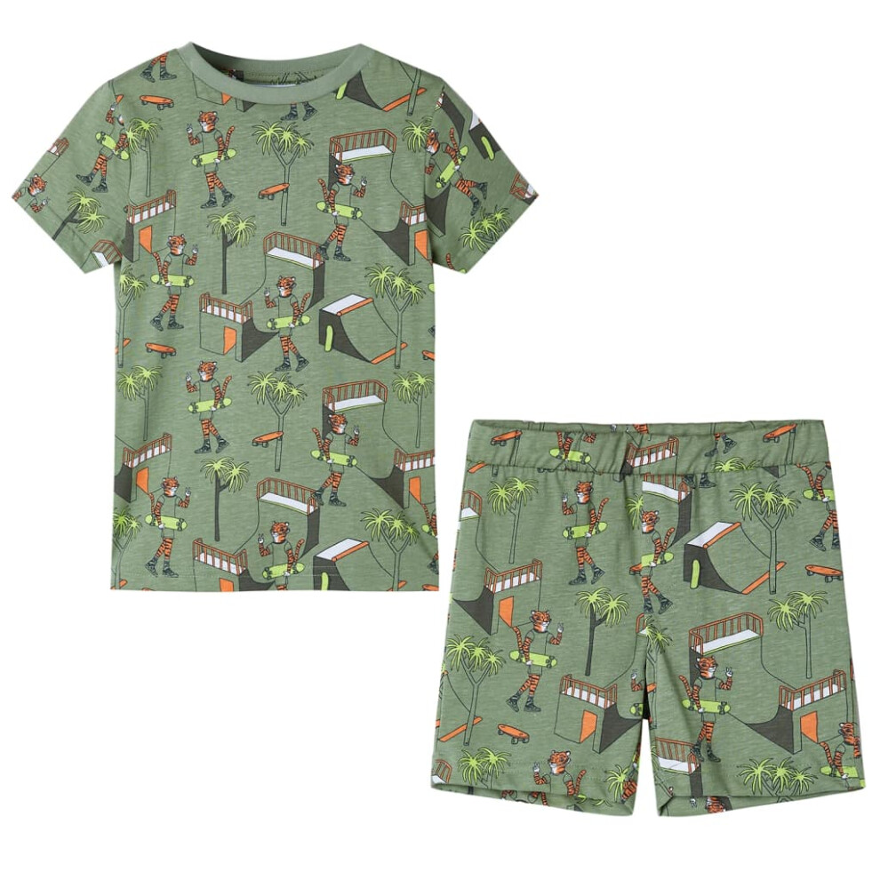 (104 (3-4y)) Kids' Pyjamas with Short Sleeves Sleepwear Tiger and Tree Print Light Khaki