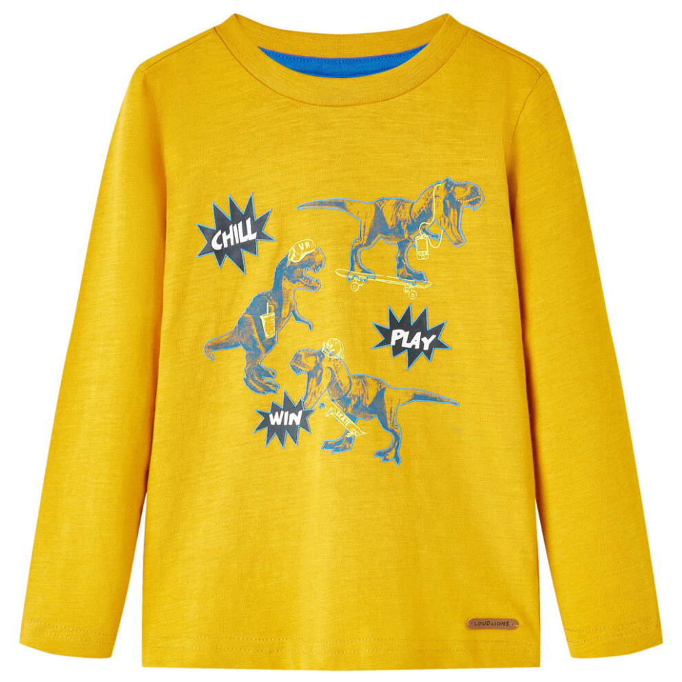 (128 (7-8y)) Kids' T-shirt with Long Sleeves T Shirt Tee Dinosaur Print Dark Khaki Melange