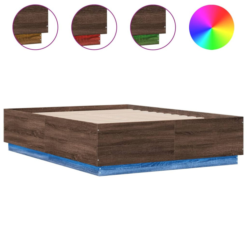 (brown oak, 135 x 190 cm) vidaXL Bed Frame with LED Lights Bed Base Mattress Foundation Engineered Wood