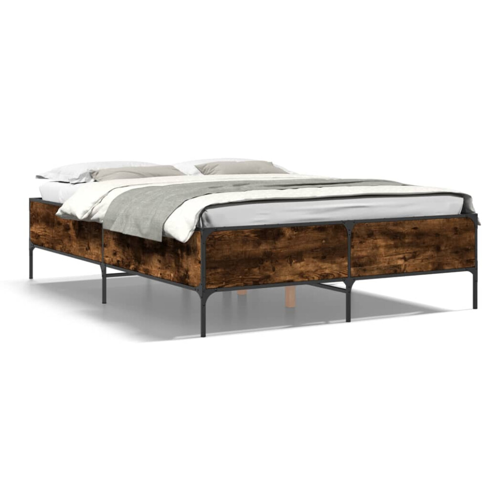 (smoked oak, 135 x 190 cm/ 44 cm) vidaXL Bed Frame Home Bed Base Mattress Foundation Engineered Wood and Metal