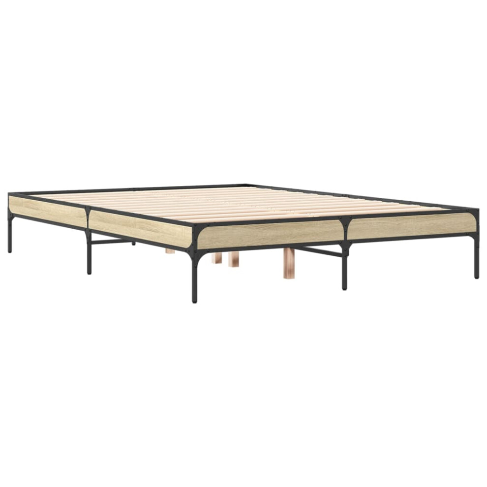 Vidaxl (Sonoma Oak, 135 X 190 Cm/ 30 Cm) Bed Frame Home Bed Base Mattress Foundation Engineered Wood And Metal