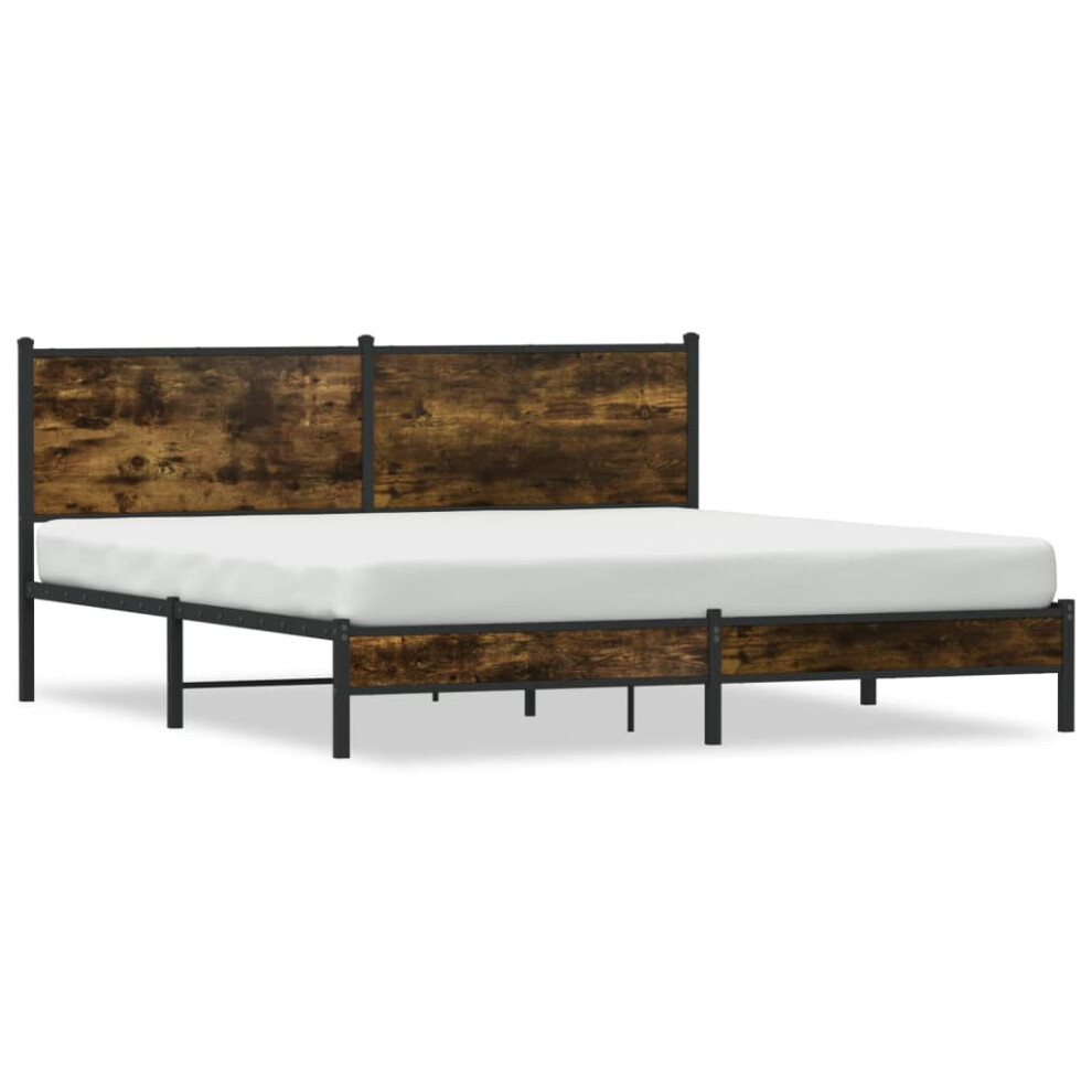 Vidaxl Metal Bed Frame With Headboard Bed Base Bedstead Smoked Oak 183X213 Cm