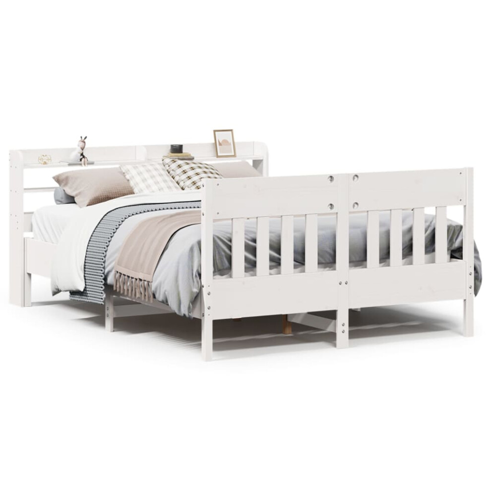 vidaXL Bed Frame with Headboard Bed White 135x190 cm Double Solid Wood Pine