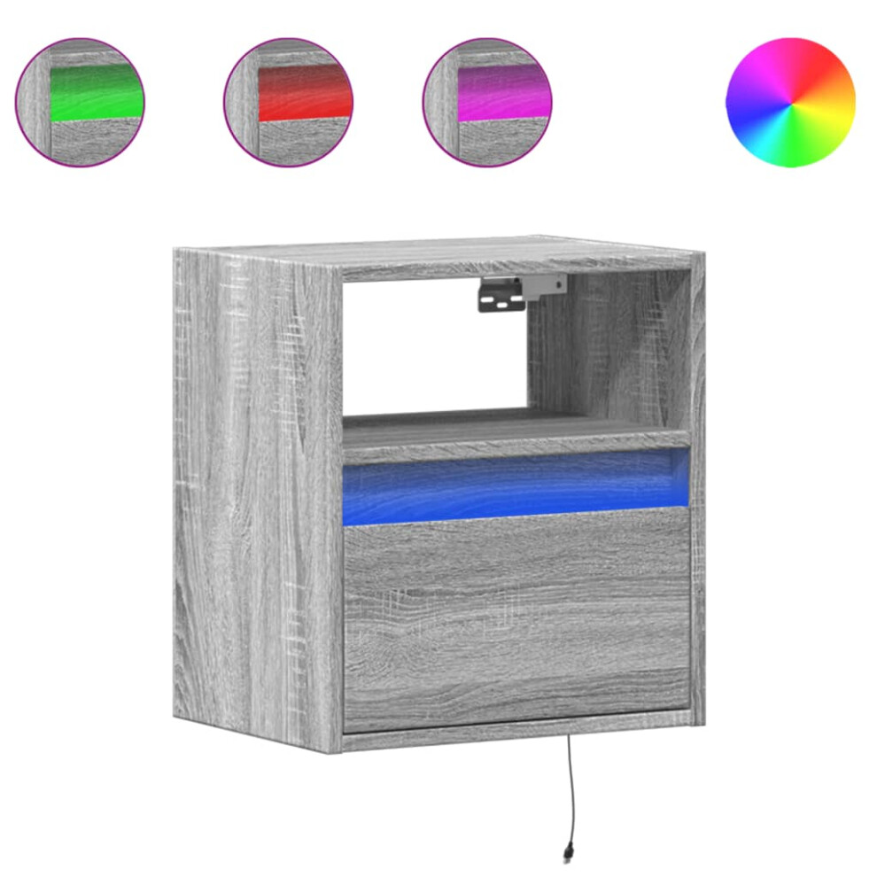 Vidaxl Wall-Mounted Bedside Cabinet With Led Lights Floating Shelf Grey Sonoma