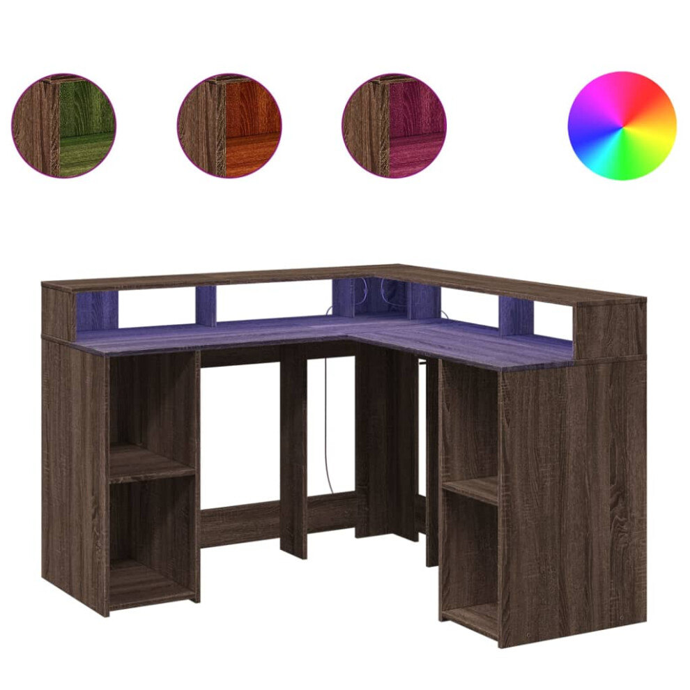 vidaXL Desk with LED Lights Writing Working Table Brown Oak Engineered Wood