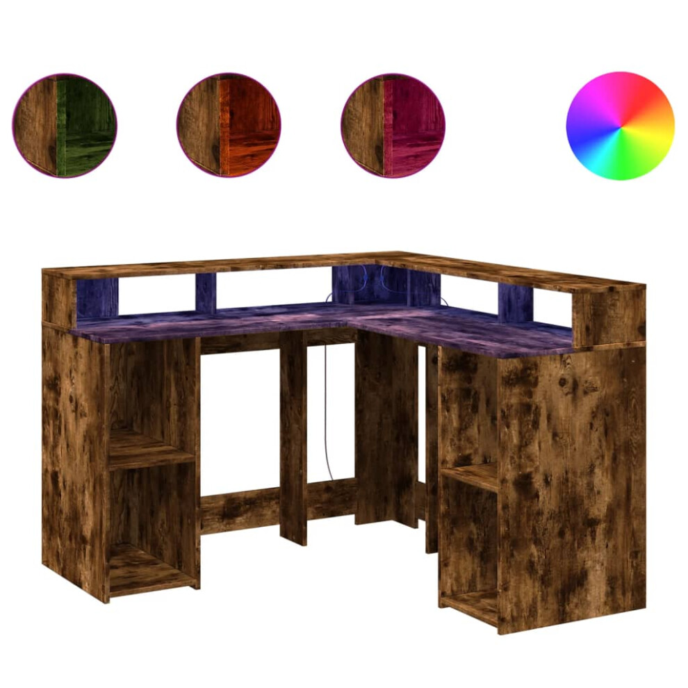 vidaXL Desk with LED Lights Writing Working Table Smoked Oak Engineered Wood