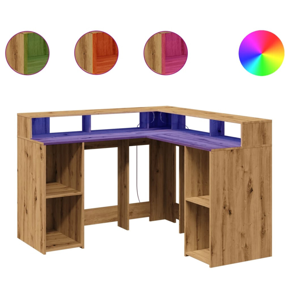 vidaXL Desk with LED Lights Writing Working Table Artisian Oak Engineered Wood