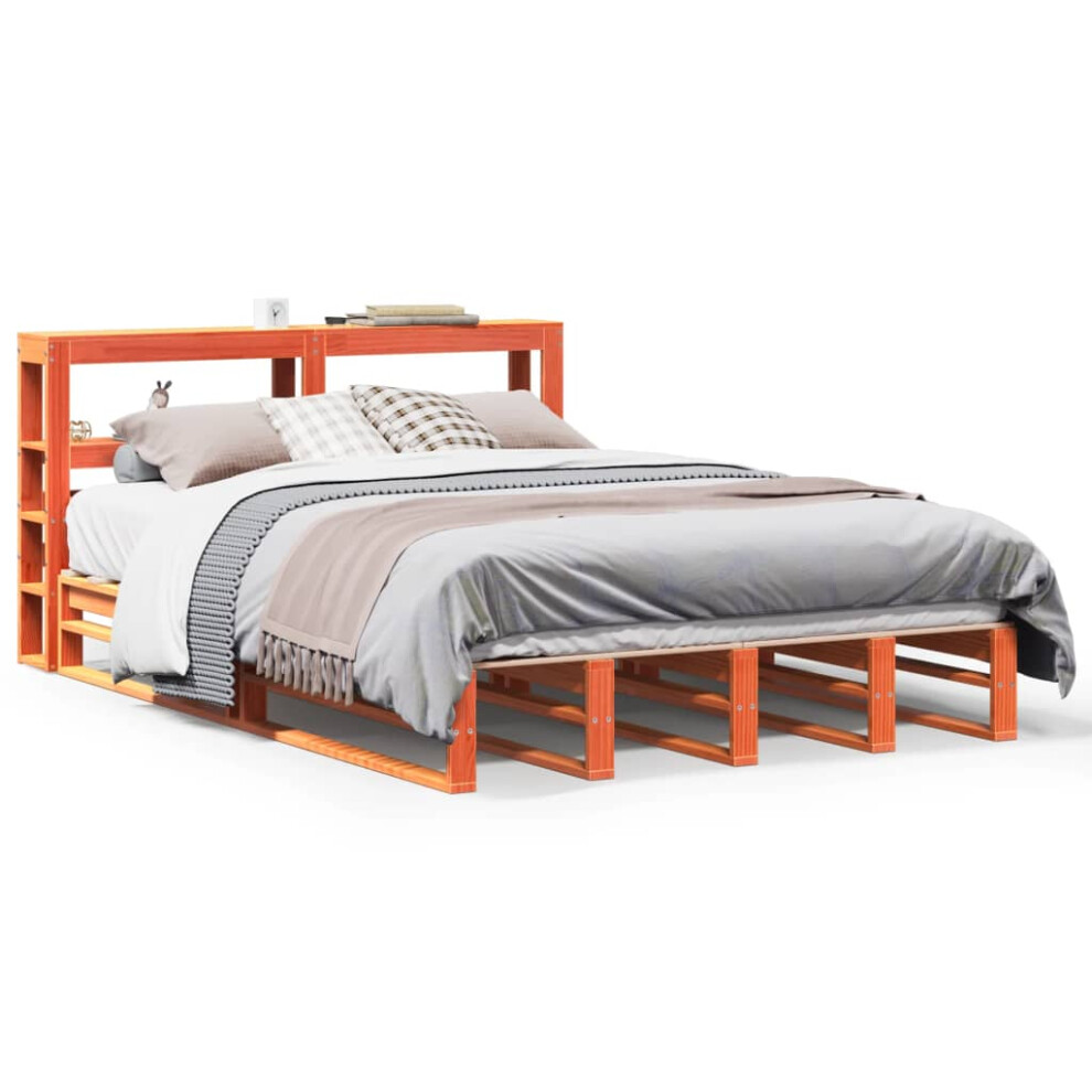 Vidaxl Bed Frame With Headboard Wax Brown 135X190 Cm Double Solid Wood Pine