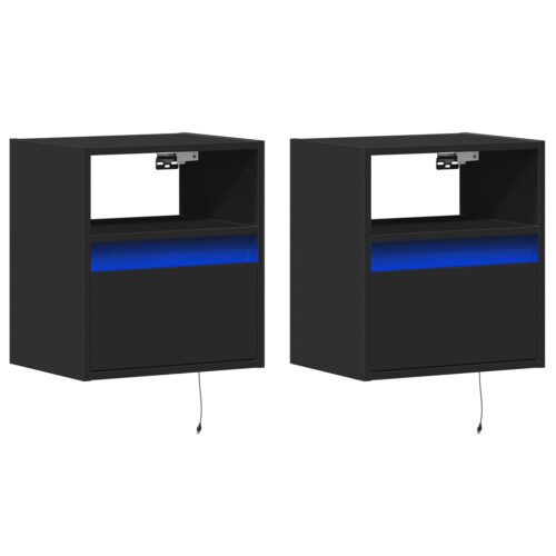 VidaXL vidaXL Wall-mounted Bedside Cabinets with LED Lights Bed Table 2 pcs Black 2