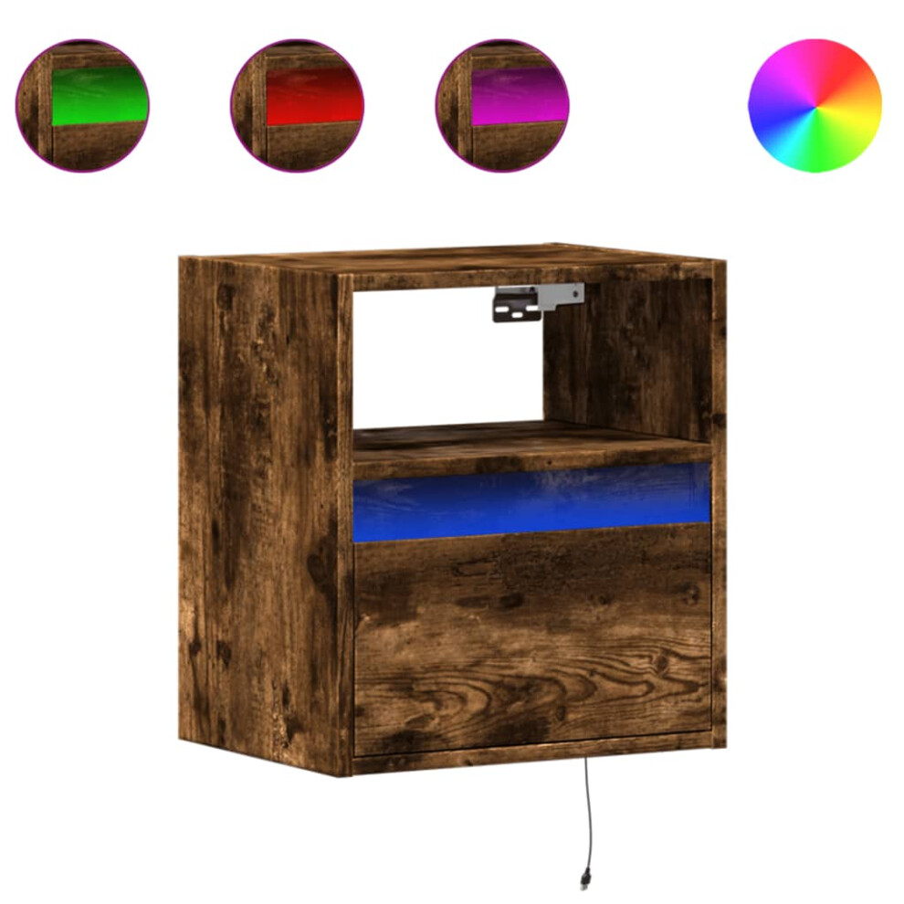 Vidaxl Wall-Mounted Bedside Cabinet With Led Lights Floating Shelf Smoked Oak
