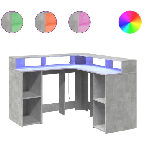 VidaXL vidaXL Desk with LED Lights Study Working Table Concrete Grey Engineered Wood