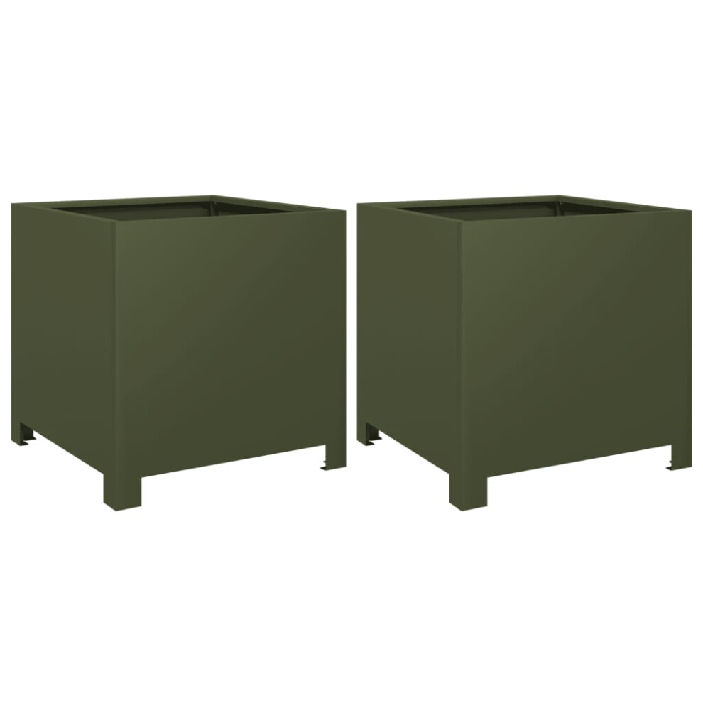 vidaXL Garden Planters Flower Pot Outdoor Planter Box 2 pcs Olive Green Steel