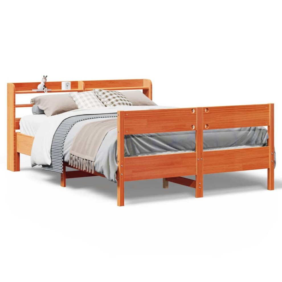 vidaXL Bed Frame With Headboard Wax Brown 135x190 Cm Double Solid Wood Pine