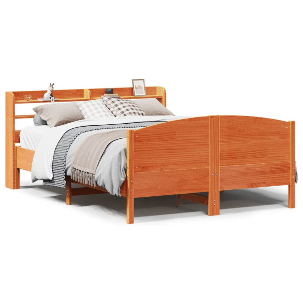 Vidaxl Bed Frame With Headboard Wax Brown 135X190 Cm Double Solid Wood Pine