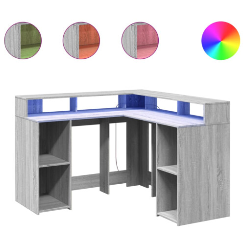 VidaXL vidaXL Desk with LED Lights Writing Working Table Grey Sonoma Engineered Wood