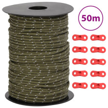 vidaXL 50m Tent Guy Rope 3mm with Reflective Strip and 10 Aluminium Spanners (Green)