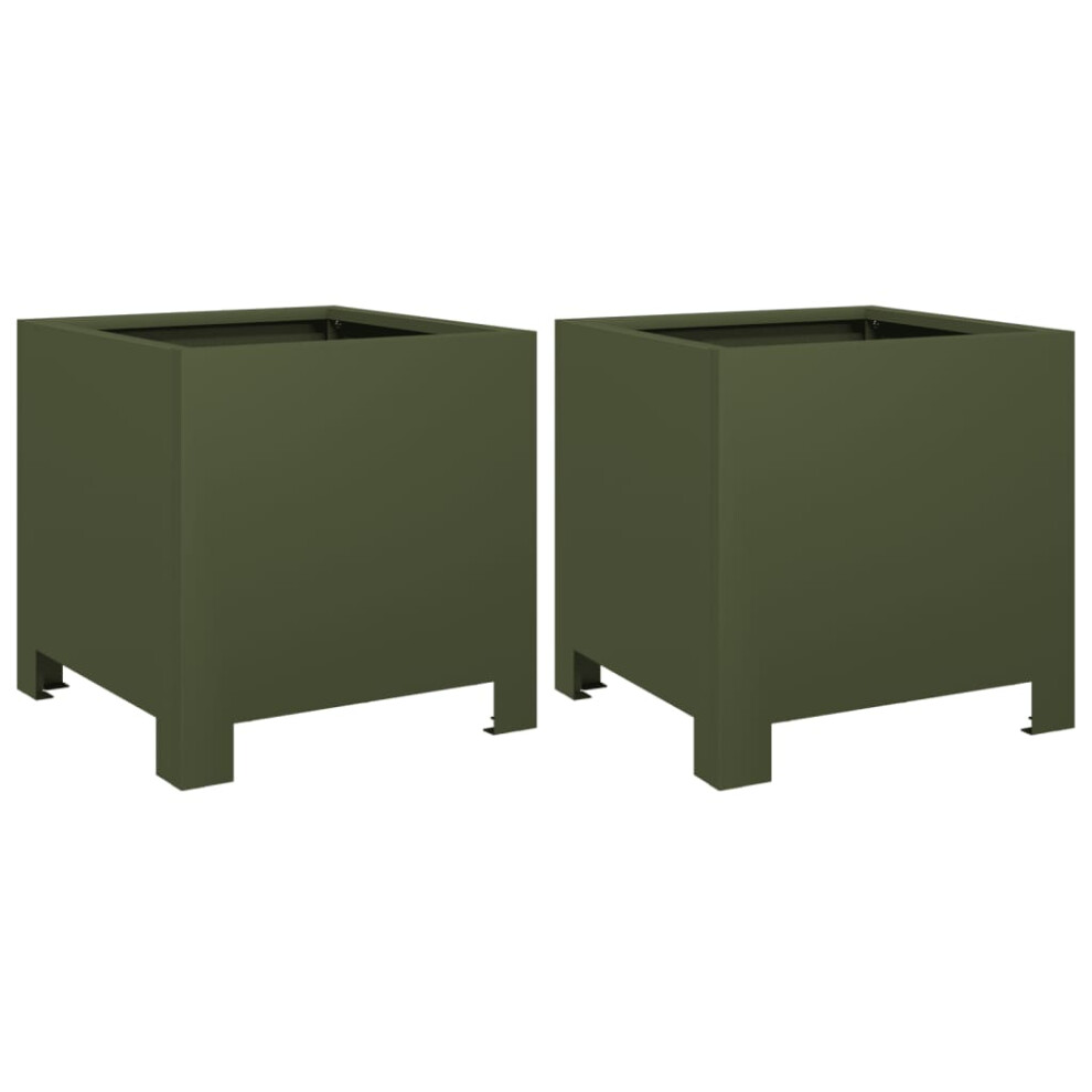 vidaXL Garden Planters Flower Pot Outdoor Planter Box 2 pcs Olive Green Steel