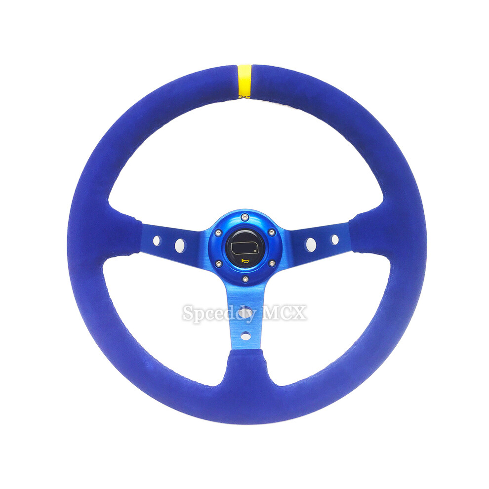 (1) OM-Sports Steering Wheel 14 Inch Deep Corve Drifting Suede Leather 350mm Car Steering Wheel With Horn Button 6-Hole Black Blue-image-OPC-PFBR7MT-NEW