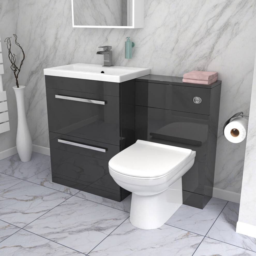 Nes Home 1100mm Dark Grey 2 Drawer Vanity Basin Unit, WC & Curved BTW Toilet