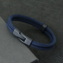 (L 21.5cm 8.5Inch, Navy Rope) Mens Thread Double Layer Detachable Matching Stackable Bracelet