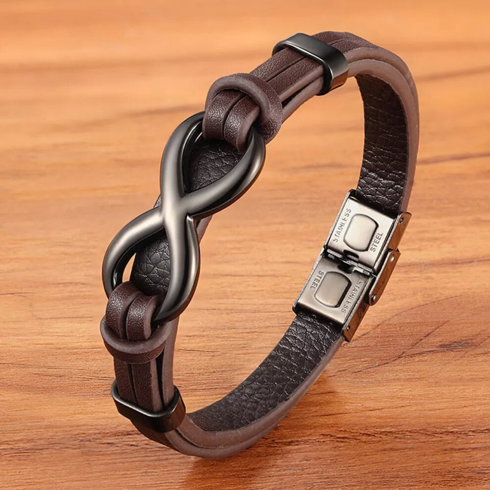 (23cm, Brown with Black) Luxury Genuine Leather Infinity Symbol Mens Bracelet