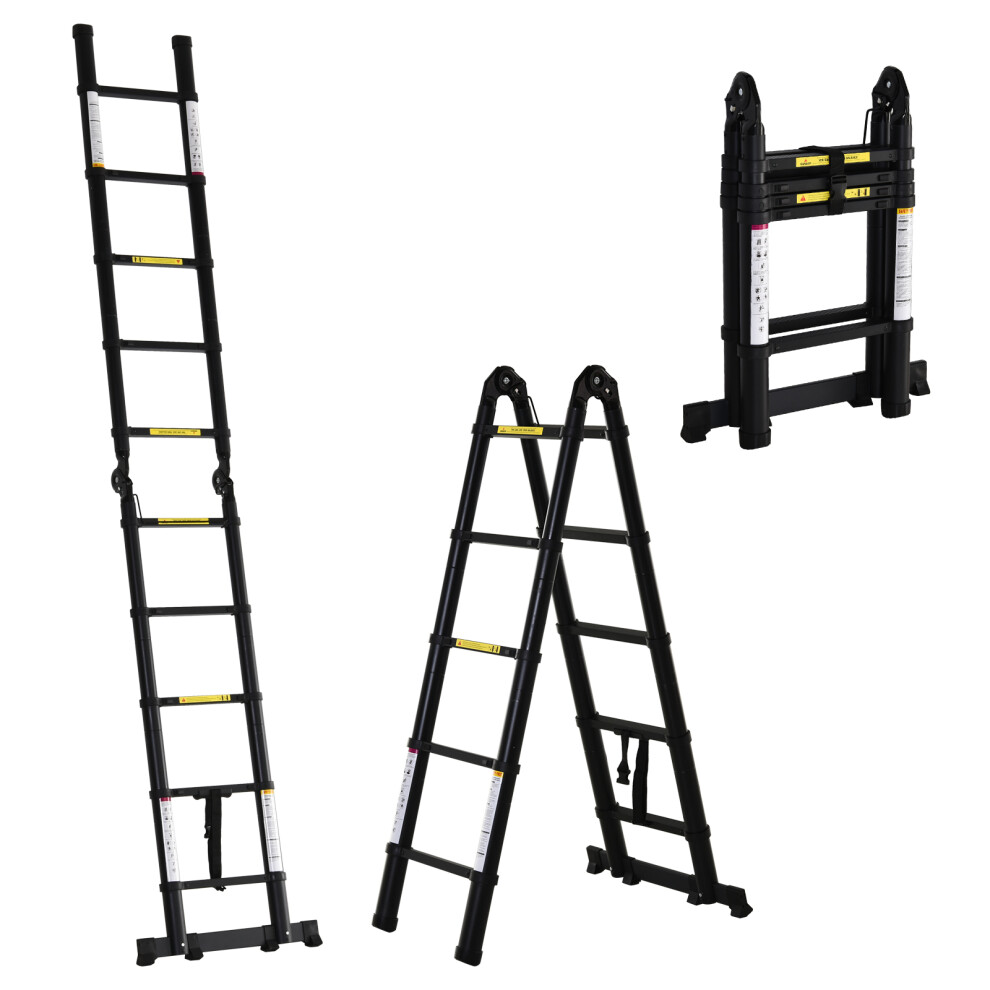 3.2m Extendable Aluminium Ladder, Portable 10 Step Ladder, Black