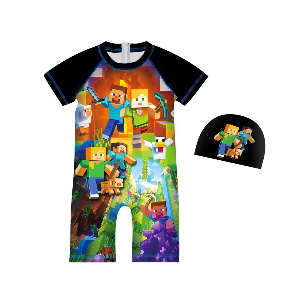 (black, 110cm) Minecraft Print Kids Boys Swimwear Swimsuit One-piece Surfing Suit Swim Cap Set