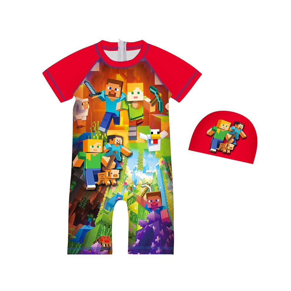 (red, 120cm) Minecraft Print Kids Boys Swimwear Swimsuit One-piece Surfing Suit Swim Cap Set