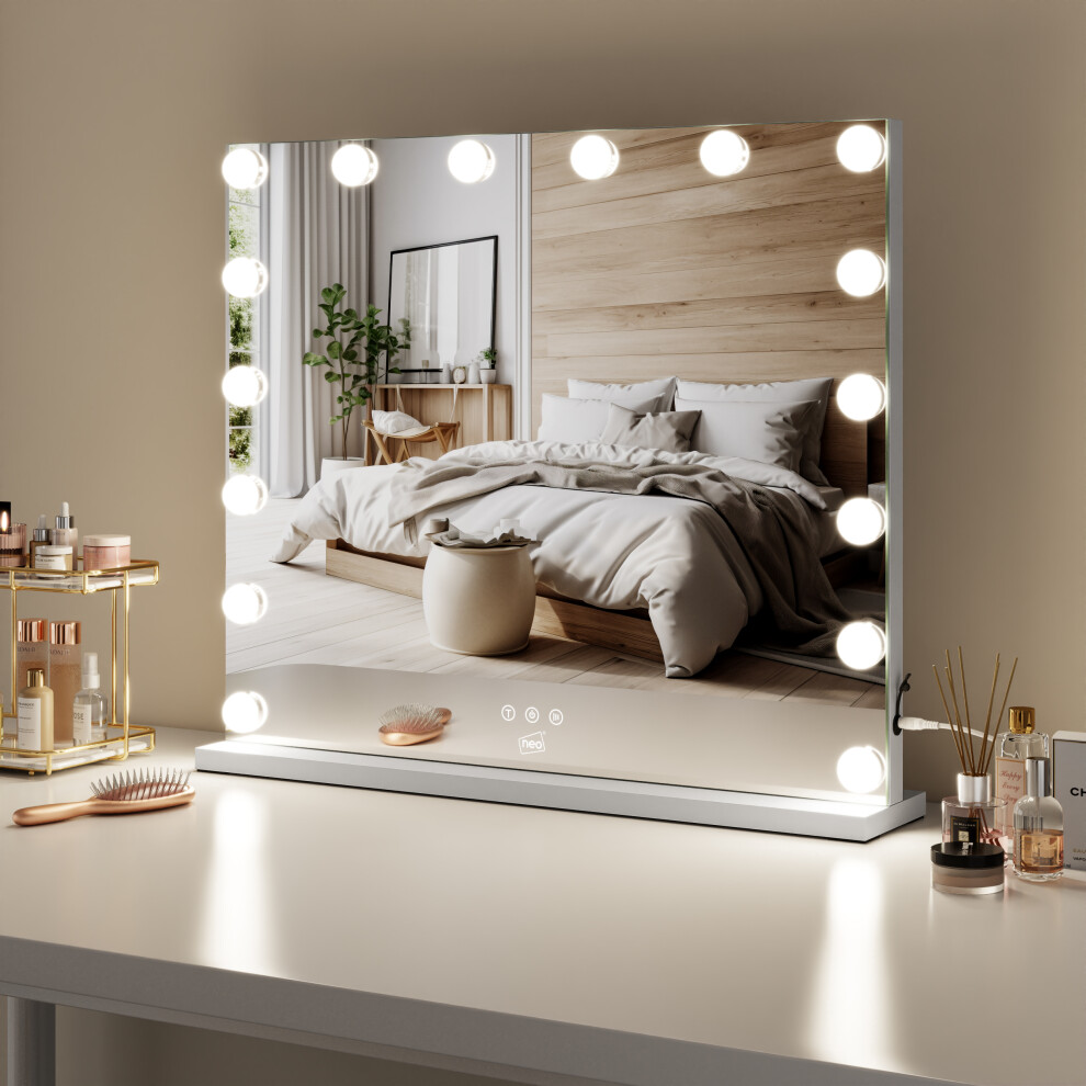 (Neo Hollywood Vanity Touch Wall Mounted and Freestanding Mirror with 16 LED Bulbs) Neo Hollywood Vanity Touch Mirror
