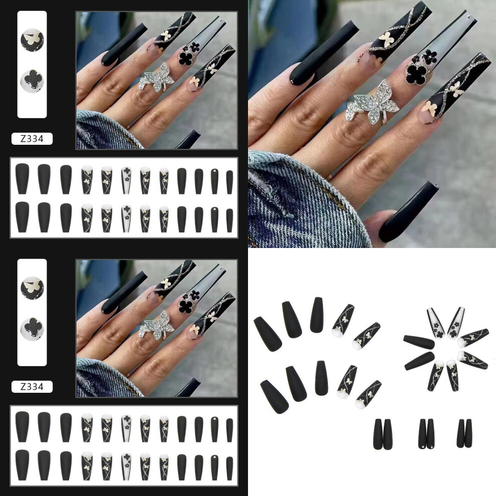 Z334 Trendy Mysterious Butterfly Black Long Ballerina Nail Art For Stunning Manicures