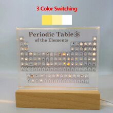 (With 3 color lights) Acrylic Periodic Table With Real Elements with Wooden Light Base Mendeleev Kids Teaching School Display Home Decor Craft